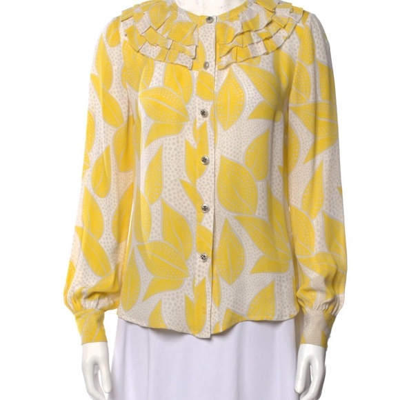 Tory Burch Ruffle Neck Yellow and White Button Down Leaf Pattern Blouse Sz 6 - Picture 1 of 7